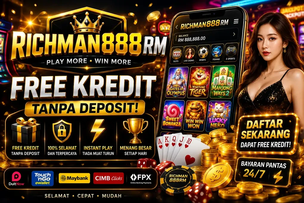 RichMan888 RM Free Kredit — free credit tanpa deposit, phone screen showing a balance of RM 888,888 and game tiles for Gates of Olympus, Fortune Tiger, Mahjong Ways 2, Sweet Bonanza, Win Win Won and Lucky Neko, with icons for free credit no deposit, security, instant play, and daily big wins